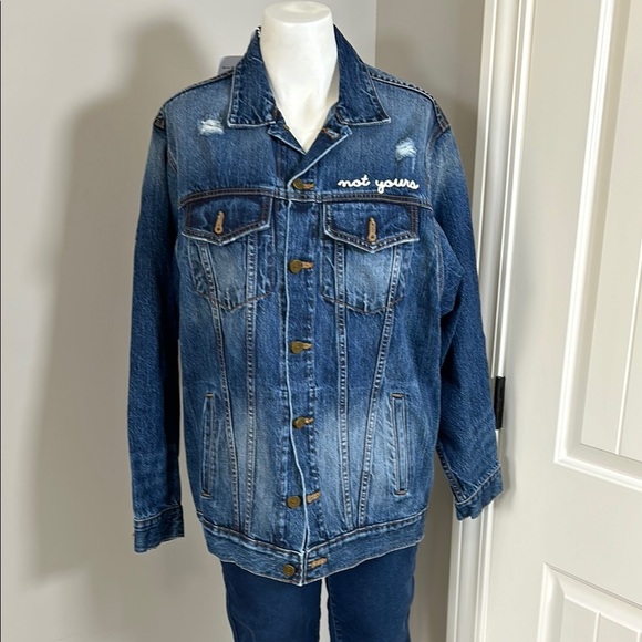 SANDRINE ROSE X FREE PEOPLE Denim Jacket Lartiste Blue Not Yours Embroidered NEW - Picture 3 of 11